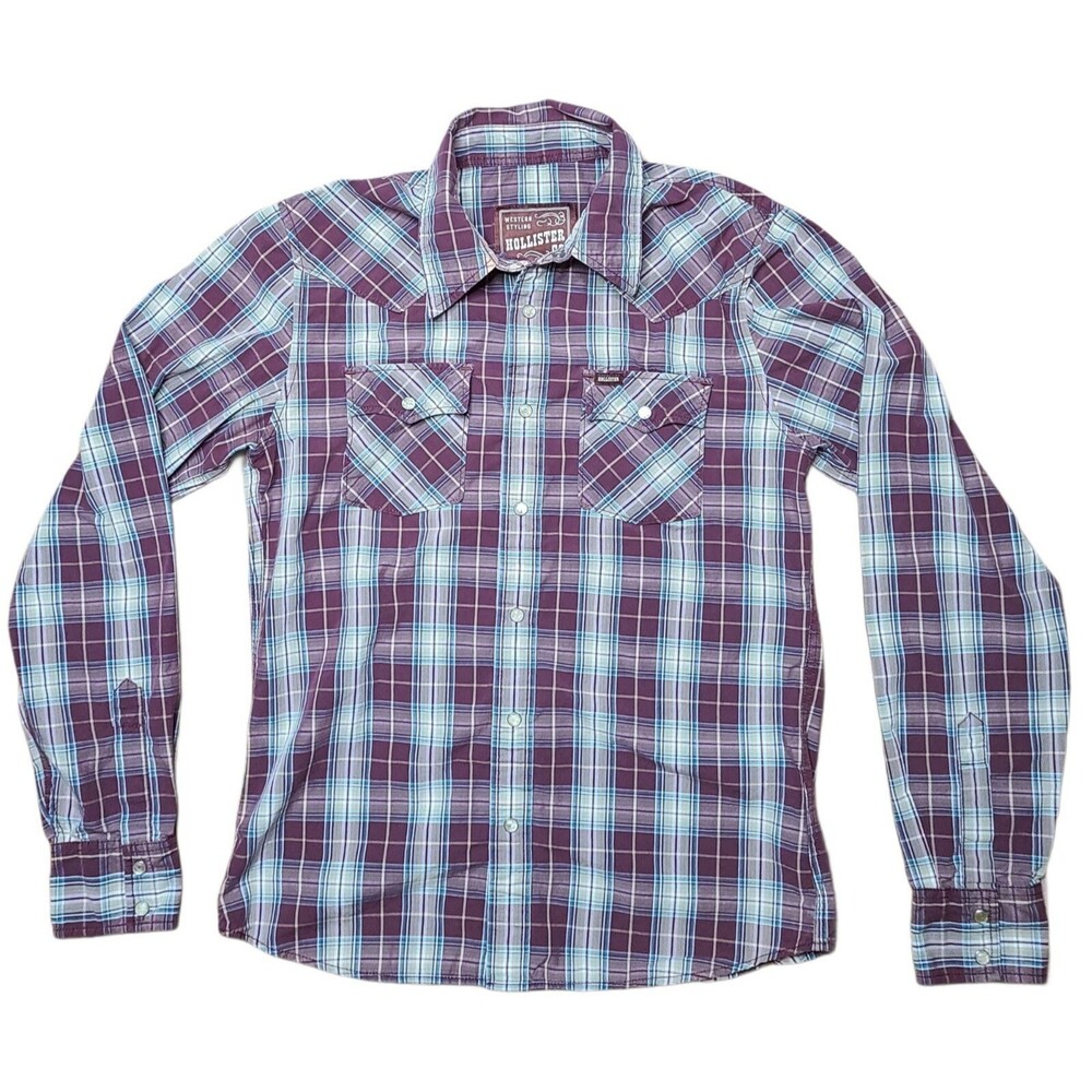 Hollister Western Shirt Size Small Plaid Pearl Snap Long Sleeve w\ Chest Pockets